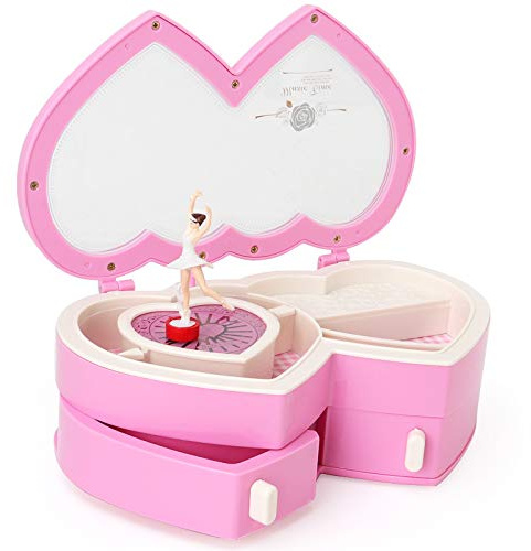 Joyero musical, joyero musical para niñas, en forma de corazón, organizador con caja de música giratoria para niñas bailarinas (rosa)