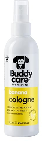 Eau de Cologne pour chien Buddycare - Banane - Parfumé Fruité et Audacieux - Rafraîchit entre les lavages de chien - Avec Aloe Vera et Pro-Vitamine B5-200 ml