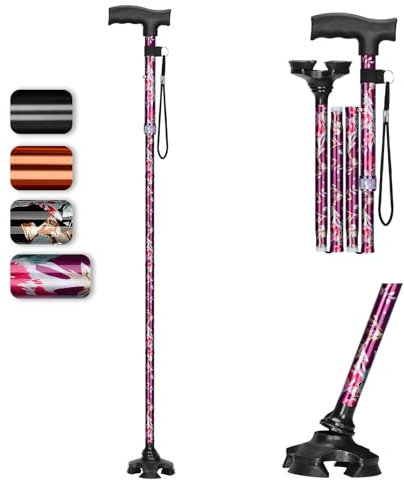 supregear Bastone da Passeggio Pieghevole, Antiscivolo Self-Standing 4 Zampe Bastone per Anziani Disabili, 5-Livello Altezza Regolabile Bastone con T-Maniglia e Anti-Perso Polso Cinghia