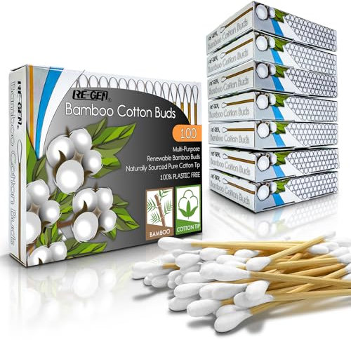 RE-GEN Bamboo Cotton Buds 800 Pack (8x 100pc Box) | 100% Natural Cotton Wool Tips | Biodegradable Compostable Bamboo Ear Buds | Eco-Friendly Recyclable Plastic Free