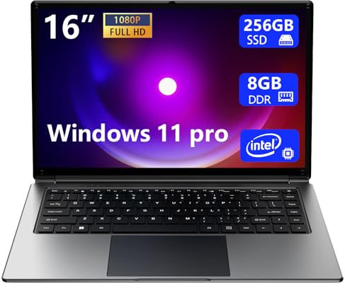 16-Zoll-Laptop, tragbarer Laptop mit 8 GB DDR und 256 GB SSD, erweiterbar auf 1 TB. Pentium-Quad-Core-Prozessor bis zu 2,64 GHz. 9000-mAh-Akku. Mini-HDMI-Schnittstelle. Webcam. Schlanke Laptops