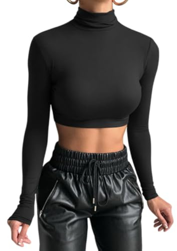 SamHeng Crop Top a Maniche Lunghe da Donna, Sottile Casual Top a Collo Alto Maglietta Termica Camicie Base Pullover Basic Top Magliette T-Shirt Top Corti Streetwear (Nero-L)