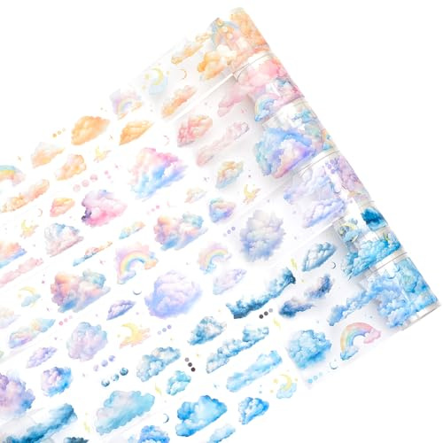 GORGECRAFT 6 rullar 6 stilar moln PET-tejp washi maskeringstejp självhäftande dekorativ himmel klippbok tejp för scrapbooking album dagbok skräpjournal planerare present inslagning möbler väggar konst