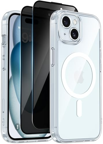 Helssitot Funda Magnétique para iPhone 15 (6.1 Pulgadas) con 2 Protector Pantalla de Privacidad Protección Total de La Cámara [Protección Militar] Anti-Amarillo Carcasa Thin Anti-Shock,Transparent