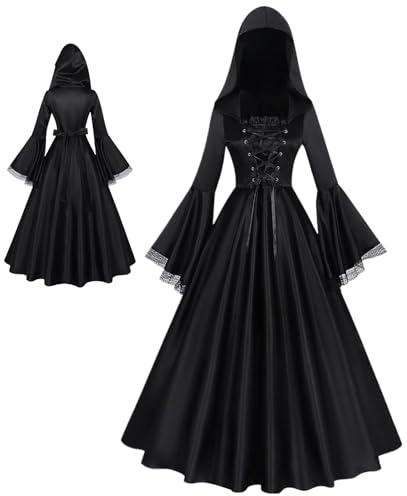 Vestido largo de bruja medieval para mujer, gótico oscuro, disfraz de bruja medieval con capucha, vestido largo victoriano renacentista con capucha, vestido largo para eventos y teatros