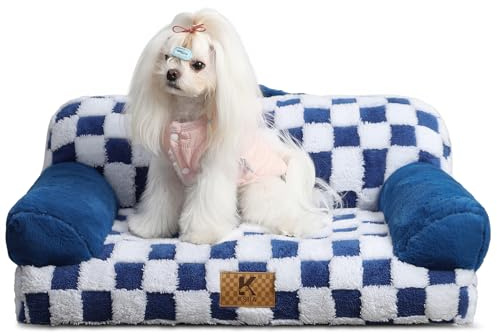 KSIIA Petit Canapé Panier Chien Dehoussable Lavable 66x37 cm, Lit pour Chien Orthopédique, Panier Chat Moelleux Confortable, Base Antidérapante, Canapé pour Chien avec Accoudoirs et Dossier, Bleu