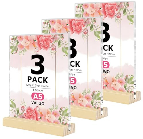 VAIIGO A5 Akryl Display Stativ 3-Pack – A5 Akryl Skyltställ med Träbas, Dubbelsidig Bordsmenyställ, Plakatdisplay Stativ, Broschyr Ram för Restaurang, Kontor, Butik, Hem, Evenemang, Bröllop