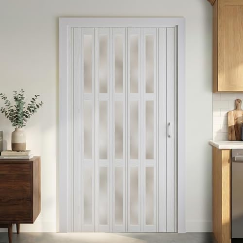 SmartStandard 42 x 80 Accordion Doors Interior, Double-Layer Accordion Doors for Doorway Closet Bathroom, PVC Folding Door Interior with Frosted Acrylic Glass, Full-Side Magnetic Strip, White
