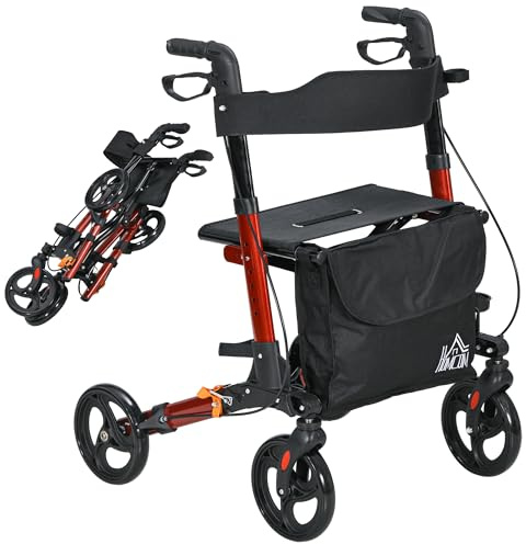 HOMCOM Andador para Ancianos Plegable de Aluminio con Asiento Rojo y Negro