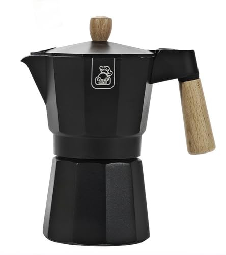 EMPOTEC Caffettiera Moka in Alluminio 6 Tazze, Manico e Pomello in Legno di Faggio, Colore Nero, Non Adatta per Induzione