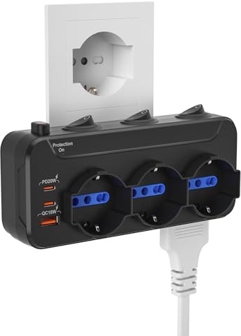 Presa Multipla con Interruttore,Adattatore Multipresa Salvaspazio 6 Posti 3 Polivalenti P40 Schuko 3 Bivalenti 10/16A Bipasso,Ciabatta Elettrica da Parete,Tripla Presa da Muro Italiana Spina 16A,Nero