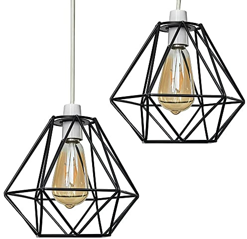 MiniSun | Retro Style Black Metal Basket Ceiling Light Shades | Pendant Lights, Home Décor & Improvement Essential | Set of 2 | Includes 4W LED Bulbs [2700K Warm White] | 23.5cm Shade Width