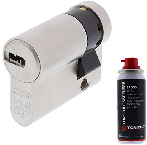 ToniTec Juego de cerradura cilíndrica ABUS como medio cilindro EC550 con 3 llaves tamaño 10 40 mm + spray de cuidado ToniTec