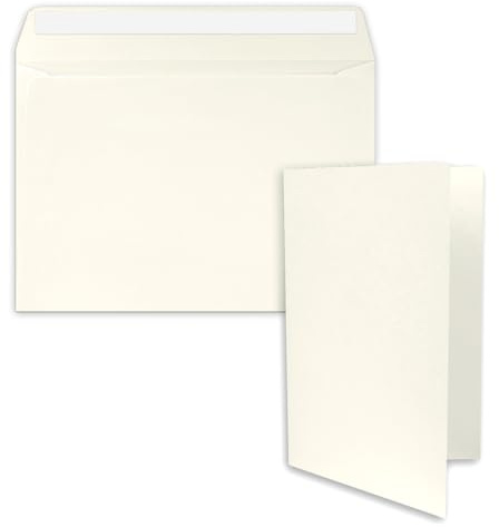 Juego de 25 tarjetas plegables DIN A5, 14,8 x 21 cm, en blanco natural (blanco) con sobres DIN C5, adhesivo – para grandes invitaciones y tarjetas de cumpleaños o boda