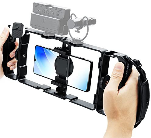 [Múltiples usos] JJC Smartphone Video Rig Juego de Control Remoto inalámbrico con 10 Soportes de Zapata fría para iPhone 13 12 11 Pro MAX Huawei Phone Video Estabilizador Jaula para filmar Cine