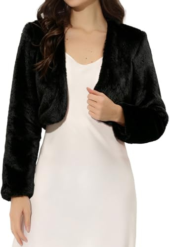 Allegra K Women's Fur Jacket Cropped Wedding Bolero Gown Faux Fur Shrug | Fall Winter Coat, Open Front Fuzzy Overcoat, Long Sleeve, Formal, Evening Fluffy Outfit