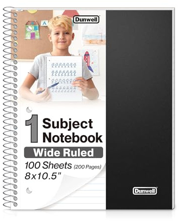 Dunwell 1 Subject Spiral Notebook (Black), Plastic Cover, 100 Sheets (200 Pages) 8x10.5 Paper, Wide Ruled for Easy Writing, 3-Hole Punched Perforated Pages, Divider with Pockets