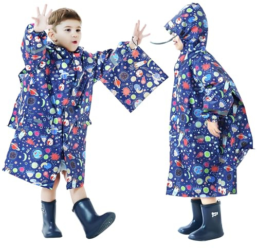 Domueay Chubasquero para Niños Poncho Impermeable Ligero Lindos Poncho de Lluvia con Capucha y Rayas Reflectantes Plegable Reutilizable Chaqueta Impermeable 3-5 años, Azul marino