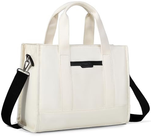 Chase Chic Canvas Handtasche Damen,14 Zoll Umhängetasche Tote Bag,Shopper Tasche mit Reißverschluss Mehrfachtasche Crossbody Bag für Arbeit/Reisen/Schule,Weiß & Schwarz