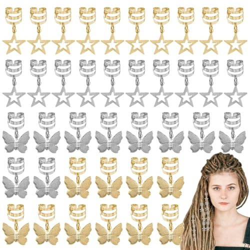 40 Pack Star and Butterfly Braid Clips for Girls Jewelry Cuffs Hair Clips Dreadlock Braids Hair Rings Gold Silver Decoration Hair Charms Styling for Women Braids