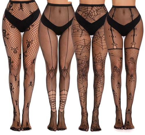 MisFun 4 Paires Collant Resille Noir, Bas Autofixant Femme Sexy, Collant Femme Halloween, Bas Résille Halloween, Taille Haute Sexy collants Resille, pour Fête, Club, Carnaval, Quotidienne