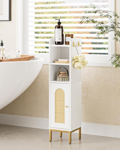 HEYZOEY Bathroom Cabinet, Freestanding Floor Cabinet, Tall Storage Cabinet Unit with Door, Slim Bathroom Storage for Bathroom, Kitchen, Living Room, Bedroom, Balcony or Office, White Rattan