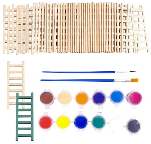HDGSAFD Mini Échelle 50 Pièces avec 12 Couleurs Et 2 Pinceaux, Décoration De Maison De Poupée, Échelle en Bois, Décoration De Paysage De Plantes en Pot