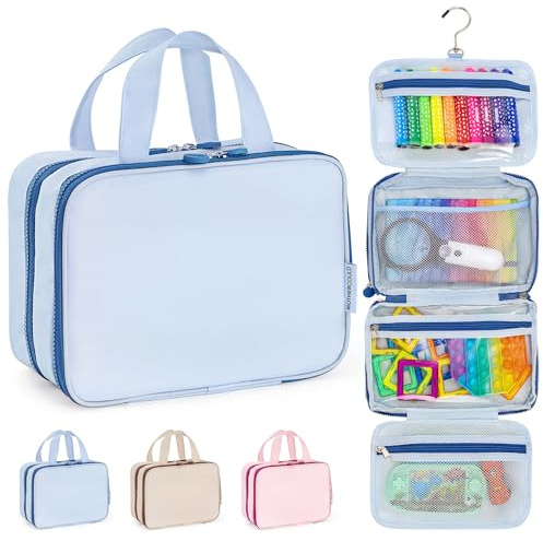 Kids Travel Organizer – Multi-Compartment, Water-Resistant Hanging Bag for Toys, Snacks, & Activities - Compact, Lightweight Design with Hook & Carry Handle - Perfect for Travel Use (Blue, Small)