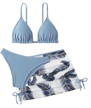 LYZOURBB Girls 3PCs Swimsuit Costume Bathing Suits Bikini Set with Floral Cover Up for Girls 8-13Years Dusty Blue