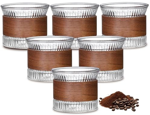Lot de 6 tasses à expresso, 170 ml, en verre avec bois de noyer, verres à cappuccino, mini tasses à expresso, tasses à thé pour les amateurs de café, transparentes