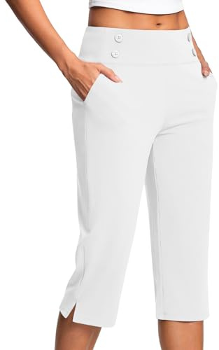Capri Trousers for Women UK Elastic Waist Summer Pants with Pockets Stretch Straight Leg 3/4 Leggings Knee Length Shorts Ladies Cropped Bottoms Lightweight Golf Work Yoga Pants Plus Size