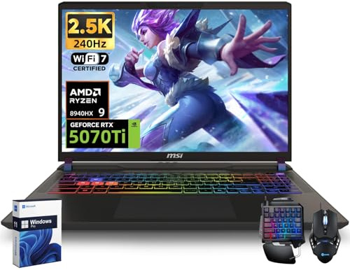 MSI Vector 16 Gaming Laptop, AMD Ryzen 9 8940HX, NVIDIA RTX 5070Ti 12GB GDDR7, 16 inch 240Hz 2.5K QHD+ LCD Display, WiFi 7, RGB Backlit Keyboard, 64 GB DDR5, 1 TB SSD, Windows 11 Pro, Accessories