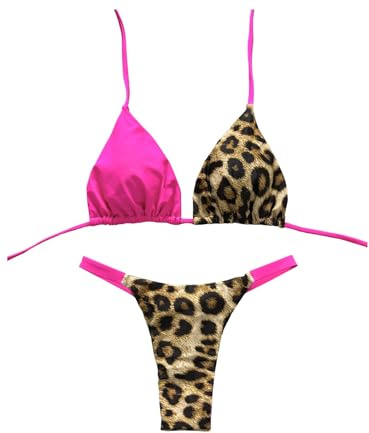SHENHE Women's Thong Bikini Set High Cut Brazilian Triangle 2 Piece Leopard Print Swimsuits Hot Pink Large