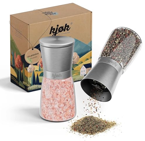 kjøk Premium Juego molinillos sal y pimienta manual, acero inoxidable y vidrio - 2 piezas Molinillo especias con mecanismo de molienda de cerámica ajustable - sin contenido