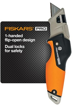 Fiskars Pro Retractable Folding Utility Knife, Box Cutter with Long-Lasting CarbonMax Razor Blade and Dual Lock Safety, Orange/Black