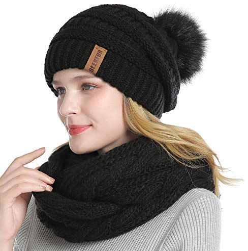 QUEENFUR Winter Women Thick Cable Knit Ribbed Infinity Circle Loop Scarf (17- Black Beanie and Scarf Set)