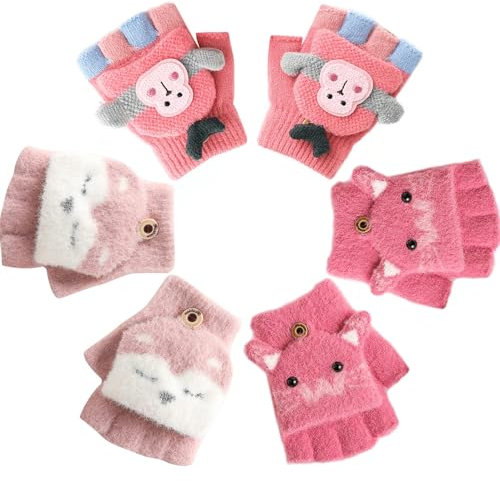 Zoonvii 3 Paar Kinder Halbfinger Handschuhe,Fingerlose Handschuhe Kinder,Fäustlinge mit Knopf Klappe,Halbfinger Fingerlos Strickhandschuhe,Handschuhe Winter,für Jungen und Mädchen
