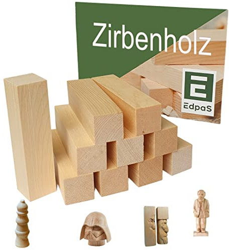 EdpaS Schnitzholz Zirbenholz - 10 Stück Holzblock mit Schnitzvorlage (10x2,5x2,5cm) -schnitzen für Kinder -Schnitzset - schnitzen drechseln mit Zirbenholz - Schnitzen Kinder Schnitzholz Rohlinge