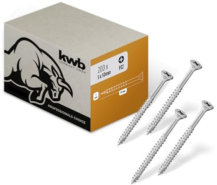 kwb Holzschraube 5x50 mm, PZ2, 200 Stück, Holzschrauben Kreuzschlitz, Spanplattenschrauben, Schrauben für Holz, Teilgewinde, Cr3-Beschichtung, Typ-17-Bohrspitze