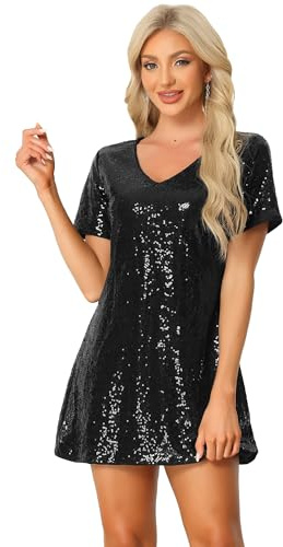 Allegra K Mini Robe à Paillettes Femmes Col en V Manches Courtes Clubwear Robe de Soirée à Sequins Costume d'halloween Noir S
