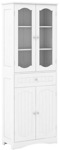 COSTWAY 160cm Tall Bathroom Cabinet, Freestanding Storage Cupboard with Tempered Glass Doors, Adjustable Shelves and Drawer, Wooden High Floor Cabinet Unit for Living Room Kitchen Hallway (White)