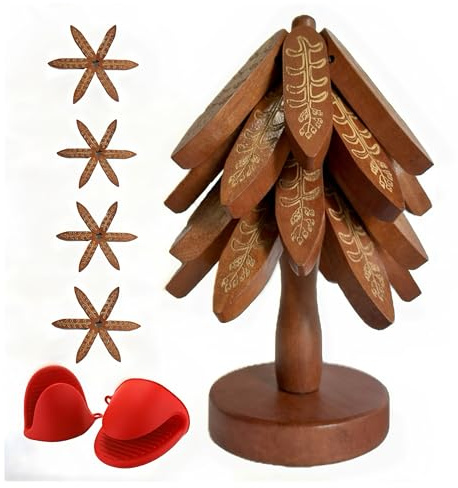 Wooden Trivets for Hot Dishes, Tree Shape Trivet Set, 4 Walnut Wood + 1 Stand stored Like a Christmas Tree,Foldable Kitchen Wooden Trivet,for Hot Dishes、Pot、Bowl、Teapot(Walnut Wood), Non-Slip Design