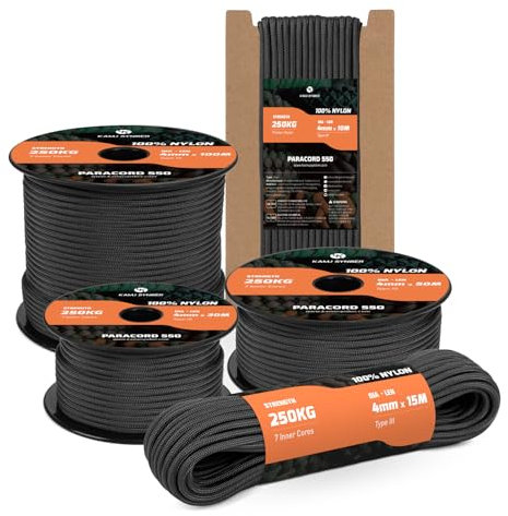 Kamu Synber 550 Paracord 4mm 10m Typ III Schnur 7 Stränge Nylon Seil Fallschirmschnur für Basteln, Outdoor, Camping, Survival | Tragkraft 250kg | Schwarz