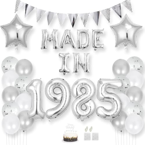 Daimay Happy 40 Birthday Balloon Banner Decorations Silver MADE IN 1985 Aluminum Foil Letters Balloons Latex Confetti Balloons Triangle Flag Party Supplies Cake Topper for Men Women Photo Props