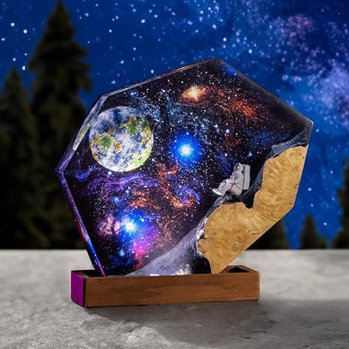 Drawelry Creative Epoxy Resin Wood Light Lamp, Space Astronaut and Interstellar Resin Wood Art Lamp Handmade Multicolor LED Night Light Fathers Day Birthday Gift for Friend Family (Interstellar)