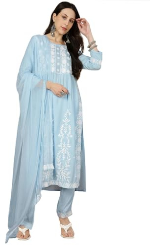 Kaari Ensemble Kurta et Dupatta pour Femme avec Broderie Chikankari | Coupe Ajustée & Évasée | Dupatta en Mousseline & Pantalon Droit avec Poche | Tenue Indienne Traditionnelle Chic & Élégante