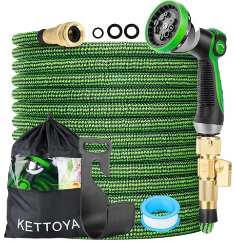 KETTOYA 100FT Expandable Garden Hose, Hose Pipe with 10-Pattern Spray Nozzle, 2-in-1 Valve Quick Connector, Flexible Heavy Duty Water Hose, Durable 3750D, 4-Layer Latex Core, Leak-Proof, Kink-Free