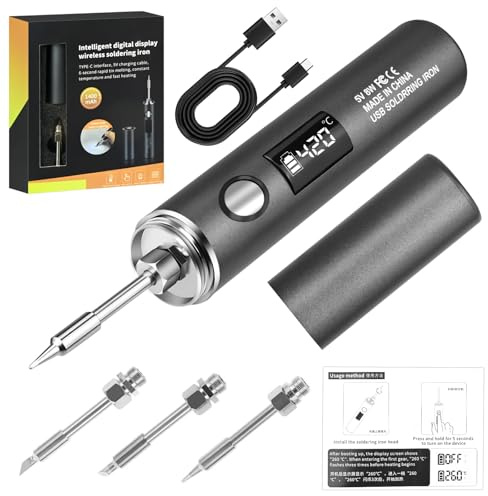 USB-C Battery Soldering Iron Kit - Cordless Soldering Iron Kit with LCD Display 3 Tips, Rechargeable USB Soldering Tool 5 Speed Adjustable Temperature Levels 260℃-420℃ for Welding Repair DIY Projects