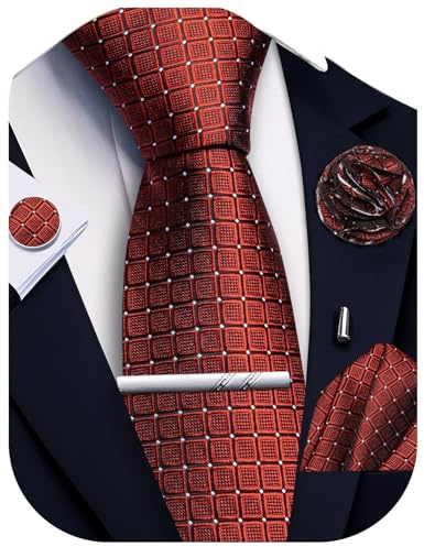 Ailisus Juego de corbatas y pañuelo de bolsillo para hombre, corbata de seda a cuadros y pañuelo, gemelos con clip de corbata para hombre, formal, boda, fiesta, 5 unidades, Herrumbre, Taille unique