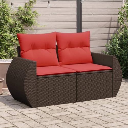 Owoxanthellate Divano da giardino a 2 posti, 142 x 62 x 69 cm, in rattan PE marrone con cuscino rosso, modulare e compatto, design moderno e robustezza per terrazza, balcone e piccoli gruppi di seduta
